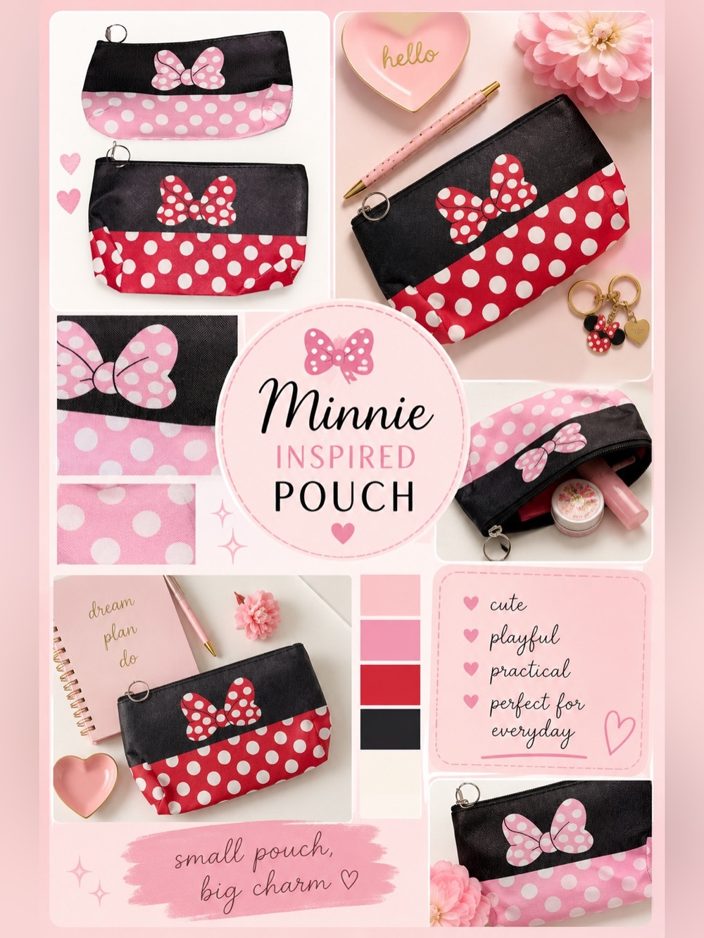 Polka Dot Cosmetic Pouch Set Pink & Red Bow Makeup Bags Keychain Wallet Bag